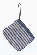 Load image into Gallery viewer, Natural White and Blue Striped Clutch bag with Blue Leather Trim and Strap.
