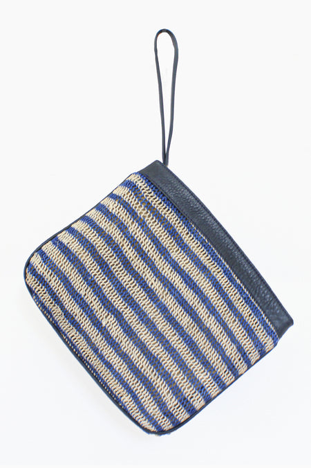 Natural White and Blue Striped Clutch bag with Blue Leather Trim and Strap.
