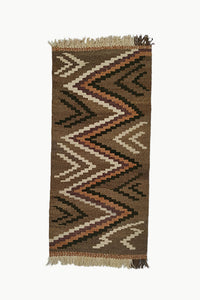 Brown Medium size Wool Tapestry with Dark Brown, Cream, and Orange design details. Cream and Dark Brown Fringe ends.