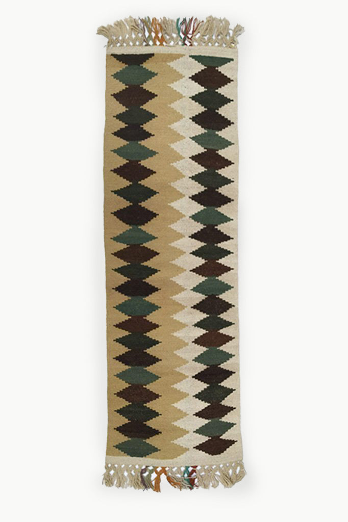 Cream colored XG Wool Tapestry with Dark Brown and Green Diamond Pattern with Cream Fringe.