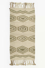 Load image into Gallery viewer, Cream Large Wool Tapestry with Green Geometric Designs. Large Fringe Ends.

