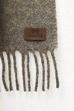 Load image into Gallery viewer, Close up of Gray Mink Llama and Sheep Wool Scarf. Close up of Fringe ends with tag. 
