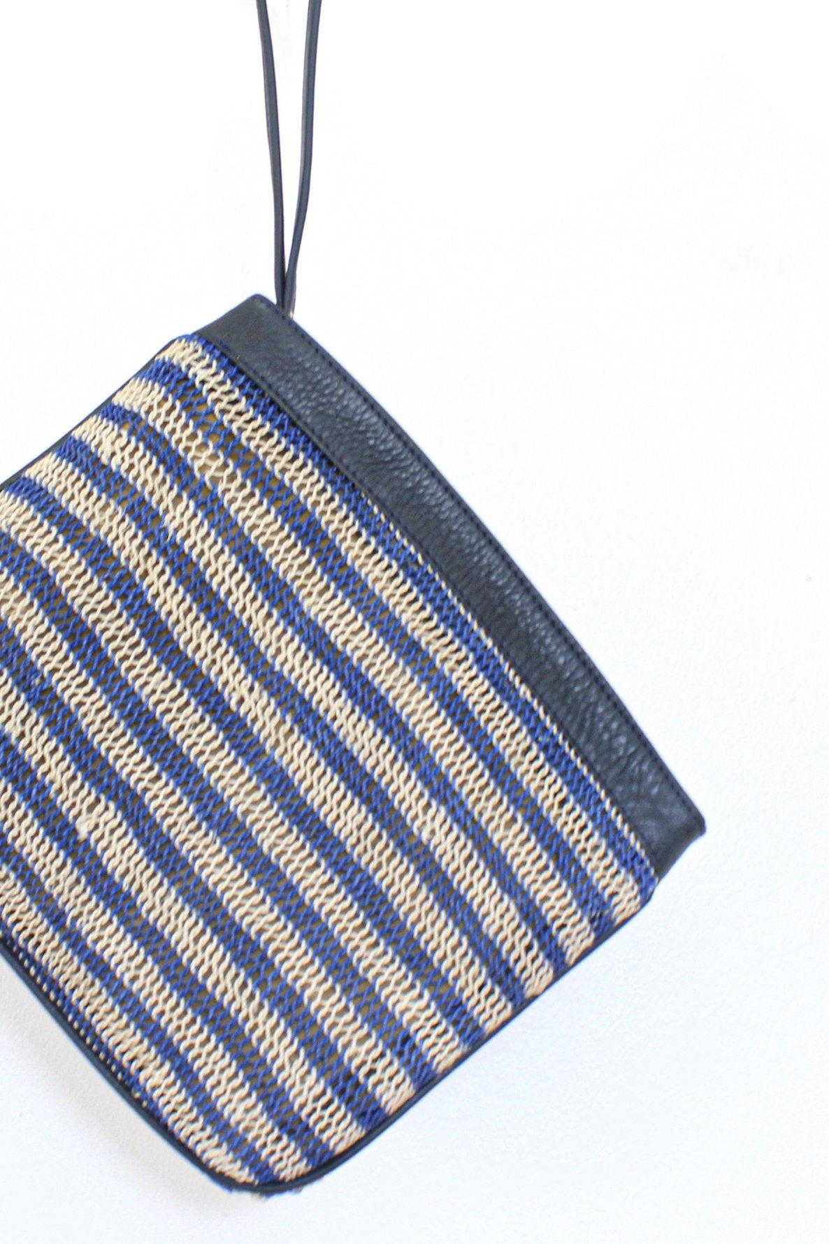 Natural White and Blue Striped Clutch bag with Blue Leather Trim and Strap.
