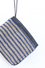 Load image into Gallery viewer, Natural White and Blue Striped Clutch bag with Blue Leather Trim and Strap.
